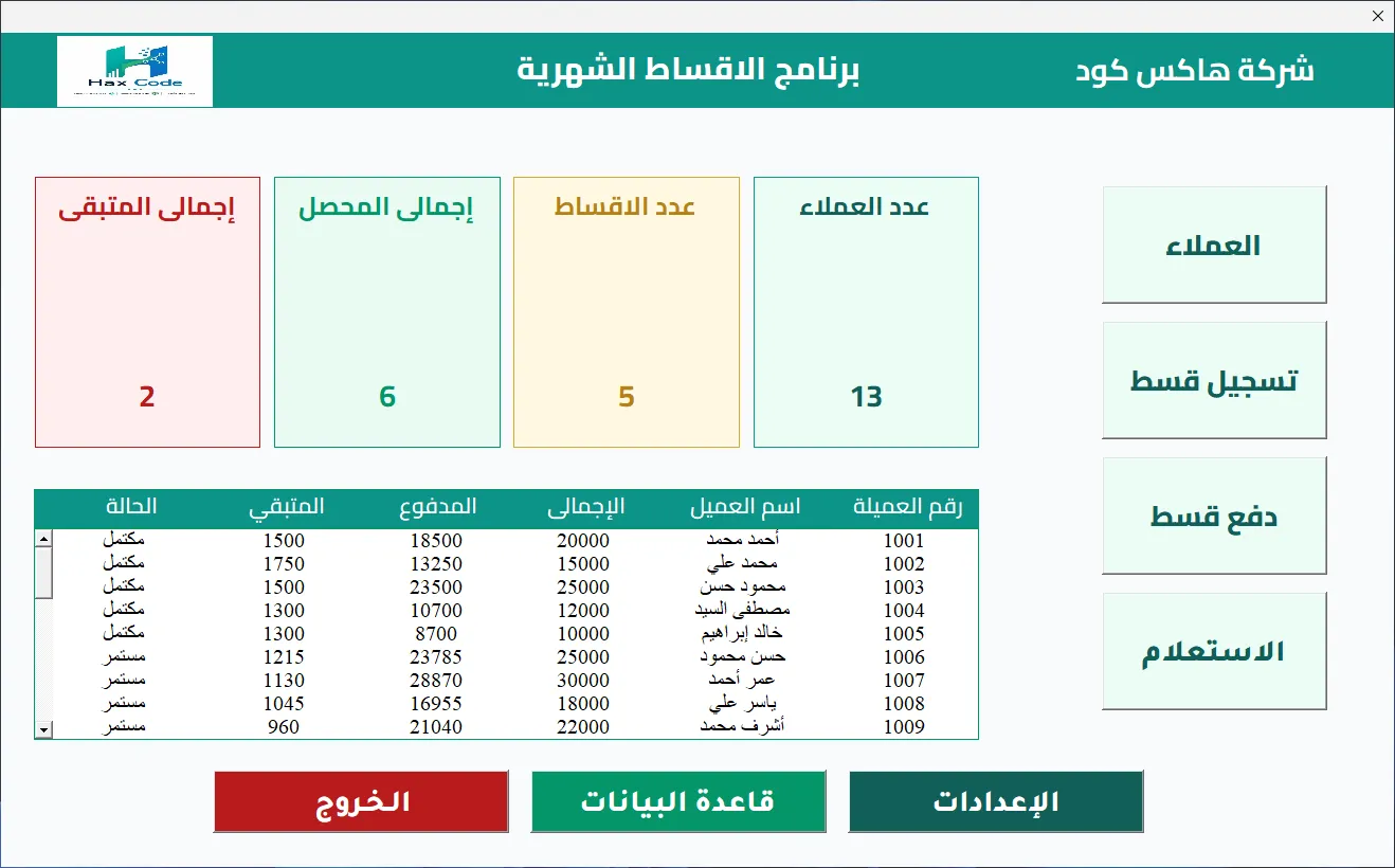 الشاشة الرئيسية لبرنامج Hax Installments: بطاقات عدد العملاء وعدد الأقساط وإجمالي المحصل والمتبقي، وجدول العمليات، وأزرار التنقل