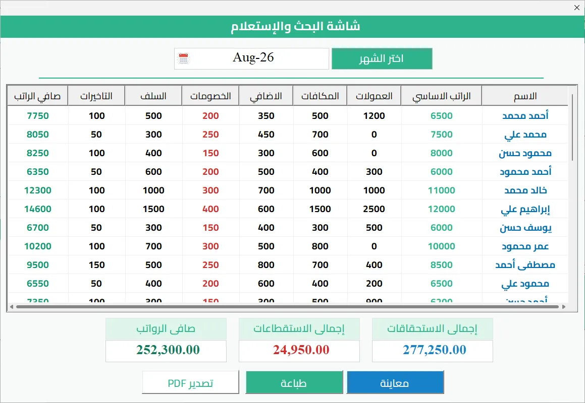 شاشة البحث والاستعلام في Hax Payroll: جدول رواتب الموظفين لشهر مختار بالاستحقاقات والاستقطاعات وصافي الراتب، مع الإجماليات