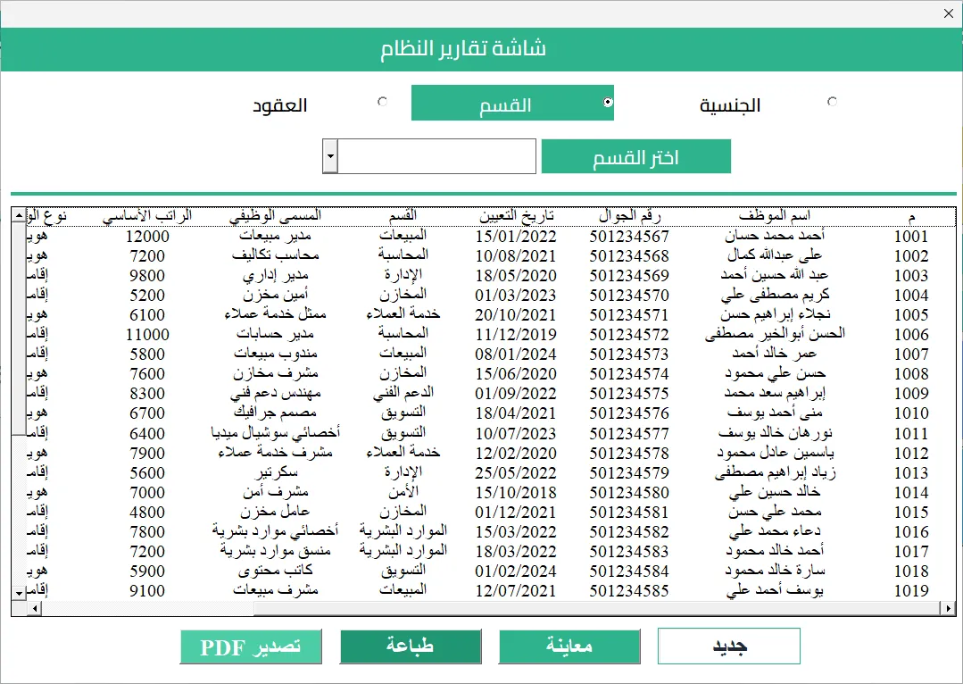 شاشة تقارير النظام في Hax HR: اختيار التقرير حسب الجنسية أو القسم أو العقود، وجدول موظفين، وأزرار المعاينة والطباعة وتصدير PDF.